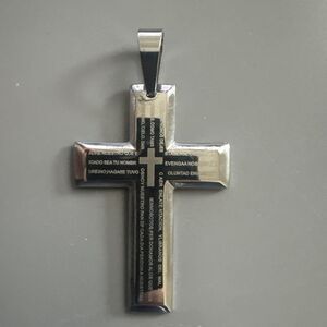 Stainless Steel Cross Pendant Scripture Silver Plated 24 Inch Chain Religious